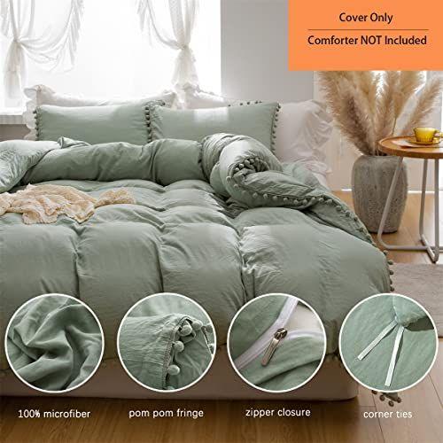 Imagem de 3 peças Capa de edredom Conjunto De Cama Bola de Cama Padrão DeSadura Macia Escura Sálvia Verde Conjuntos 1 Capa de Edredom 2 Ball Fringe Pillow Shams - Queen, Green