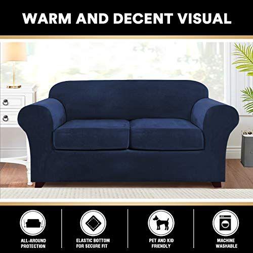 Imagem de 3 peças Sofá Cobre Capas de sofá de veludo para 2 almofadas Sofá Slipcovers Soft Sofa Slip Capas móveis com 2 capas individuais de almofada de assento, máquina lavável (médio, marinha)