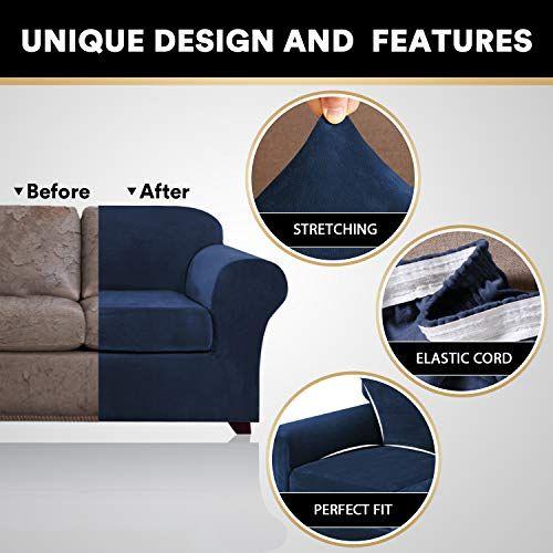 Imagem de 3 peças Sofá Cobre Capas de sofá de veludo para 2 almofadas Sofá Slipcovers Soft Sofa Slip Capas móveis com 2 capas individuais de almofada de assento, máquina lavável (médio, marinha)