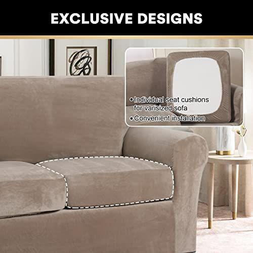 Imagem de 3 peças Sofá Cobre Capas de sofá de veludo para 2 almofadas Sofá Slipcovers Soft Sofa Slip Capas móveis com 2 capas individuais de almofada de assento, máquina lavável (médio, taupe)