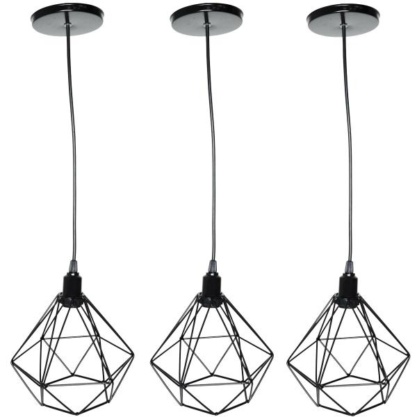 Imagem de 3 Pendente Aramado Diamante Luminária Lustre Luxo Pequeno Teto Retrô Agp Ilumini Industrial