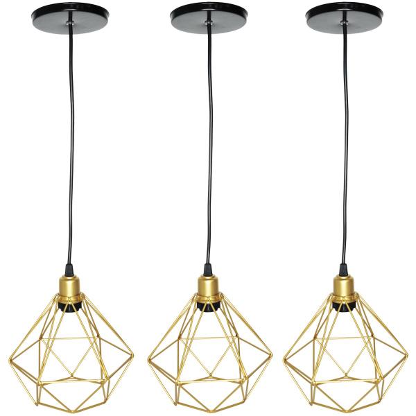 Imagem de 3 Pendente Aramado Diamante Luminária Lustre Luxo Pequeno Teto Retrô Agp Ilumini Industrial