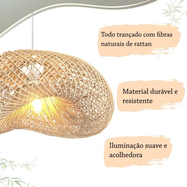 Imagem de 3 Pendente Fibra Natural Rattan Artesanal Sala Nat70 + Led