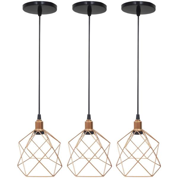 Imagem de 3 Pendentes Aramado Cálice Luminária Lustre Luxo Teto Retrô Vintage Cobre Rose Gold Industrial