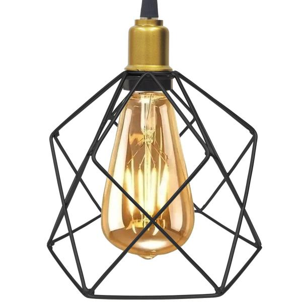 Imagem de 3 Pendentes Aramado Cálice Luminária Lustre Retrô Balcão Preto Dourado + 3 Lâmpadas Led ST64 Teto