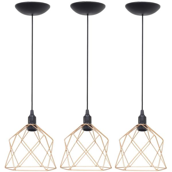 Imagem de 3 Pendentes Aramado Cálice Luminária Lustre Teto Retrô Vintage Industrial Balcão Cobre Rose Gold