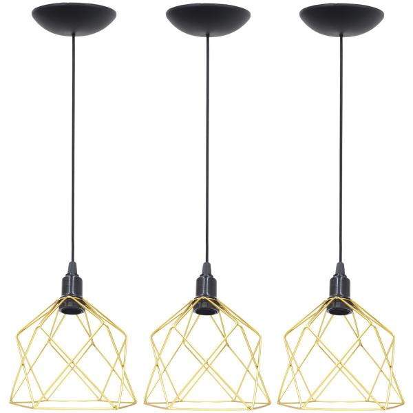 Imagem de 3 Pendentes Aramado Cálice Luminária Lustre Teto Retrô Vintage Industrial Balcão Dourado