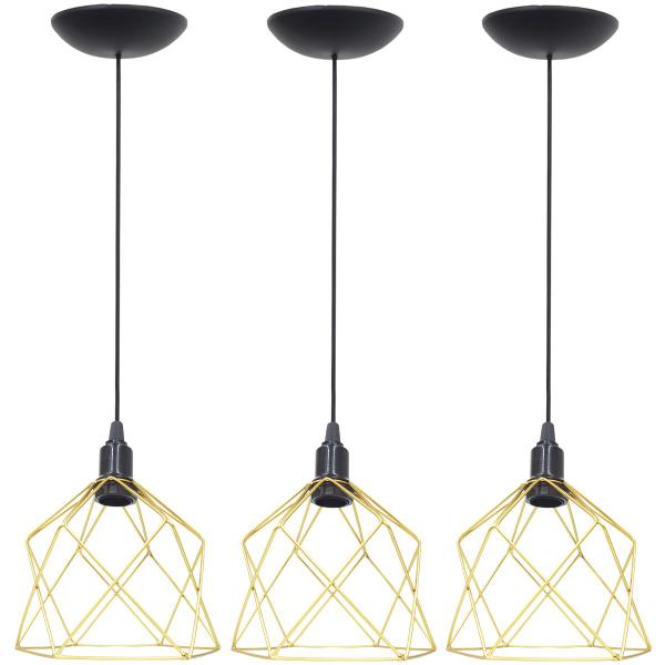 Imagem de 3 Pendentes Aramado Cálice Luminária Lustre Teto Retrô Vintage Industrial Balcão Dourado