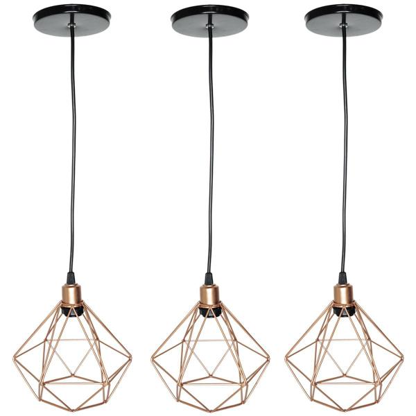 Imagem de 3 Pendentes Aramado Diamante Cabo 2 Mt Luminária Lustre Luxo Industrial Teto Retrô Agp Ilumini