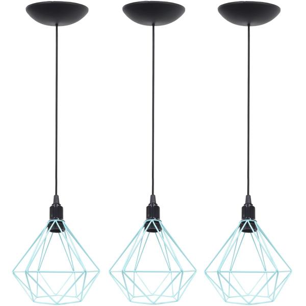 Imagem de 3 Pendentes Aramado Diamante Luminária Lustre P Teto Retrô Vintage Industrial Balcão Azul Tiffany