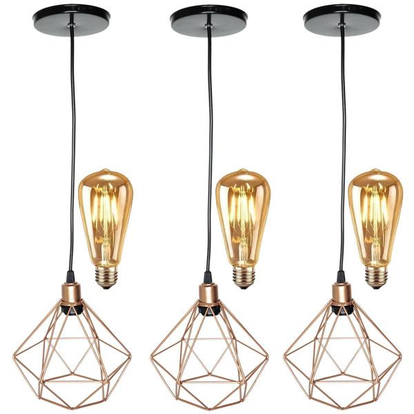 Imagem de 3 Pendentes Aramado Diamante Luminária Lustre Retrô Balcão + 3 Lâmpadas Led ST64 Vintage Teto