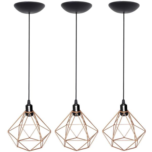 3 Pendentes Aramado Diamante Luminária Lustre Teto Retrô Vintage Industrial Balcão Cobre Rose Gold - Agp Ilumini Imagem de 3 Pendentes Aramado Diamante Luminária Lustre Teto Retrô Vintage Industrial Balcão Cobre Rose Gold