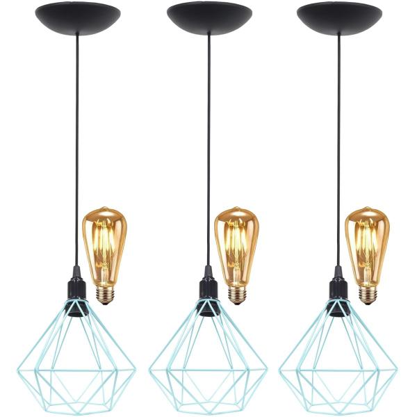 Imagem de 3 Pendentes Aramado Diamante Teto Luminária Retrô Balcão Agp + 3 Lâmpadas Led ST64 Vintage