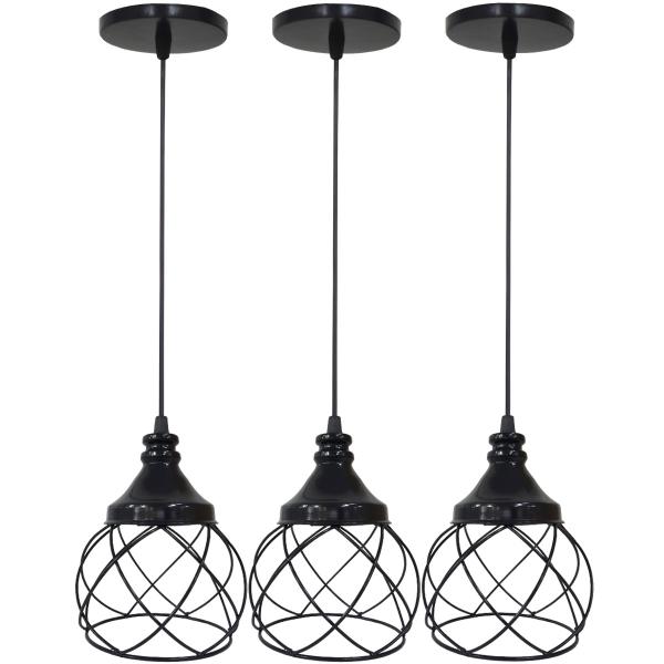 Imagem de 3 Pendentes Aramado Esfera Balonê Lustre Luminária Teto Regulável Sala Cozinha Industrial Agp