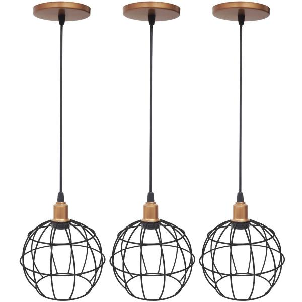 Imagem de 3 Pendentes Aramado Globo Preto Luminária Lustre Industrial Teto Vintage Cobre Rose Agp Ilumini