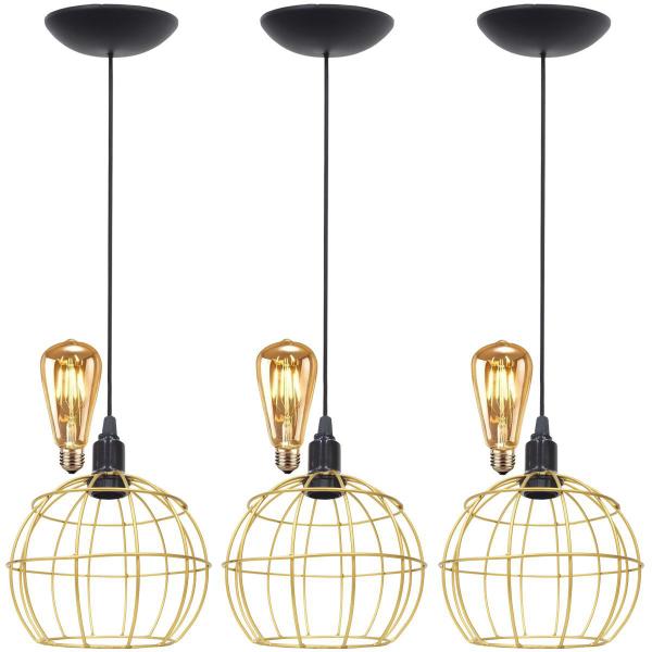 Imagem de 3 Pendentes Aramado Teto Globo Luminária Lustre Retrô Balcão + Lâmpada Led ST64 Vintage Dourado