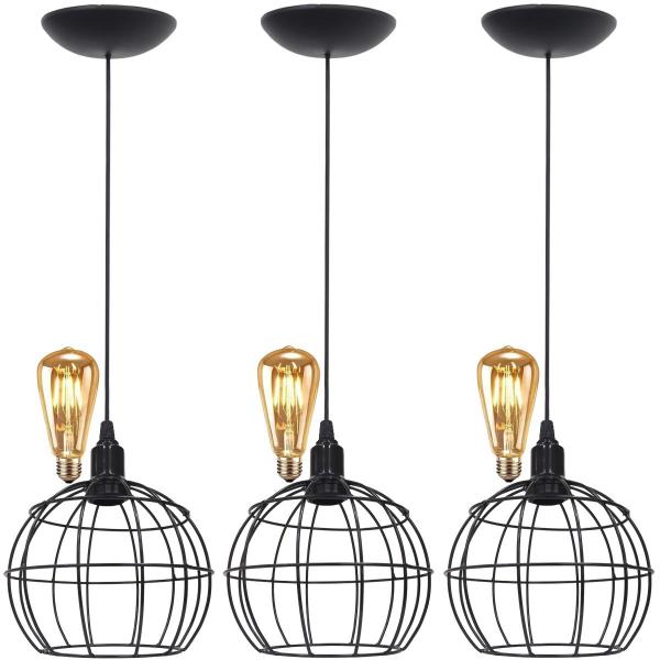 Imagem de 3 Pendentes Aramado Teto Globo Luminária Lustre Retrô Balcão + Lâmpada Led ST64 Vintage Preto