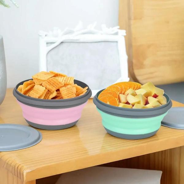 Imagem de 3 Pieces Silicone Folding Tigelas com Tampa Dobrável Lunch Box Portátil Salad Bowl Conjuntos