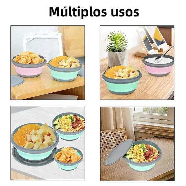 Imagem de 3 Pieces Silicone Folding Tigelas com Tampa Dobrável Lunch Box Portátil Salad Bowl Conjuntos