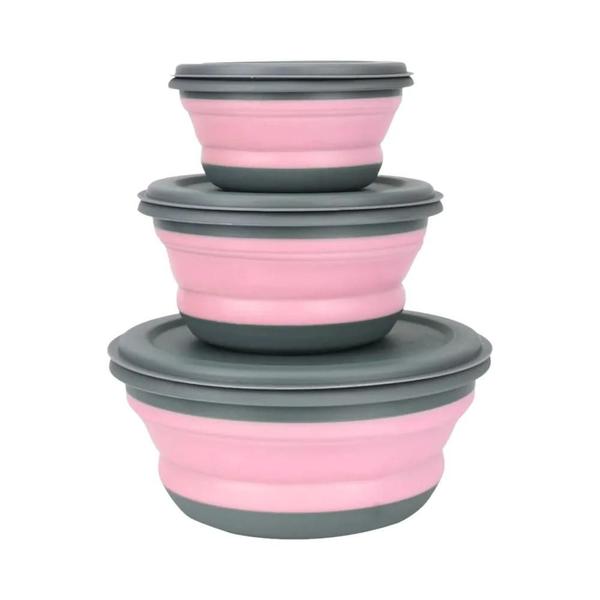 Imagem de 3 Pieces Silicone Folding Tigelas com Tampa Dobrável Lunch Box Portátil Salad Bowl Conjuntos