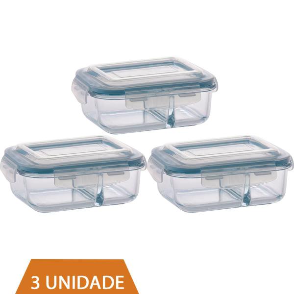 Imagem de 3 Pote de Vidro 640ml Retangular Divisória Marmita Fitness