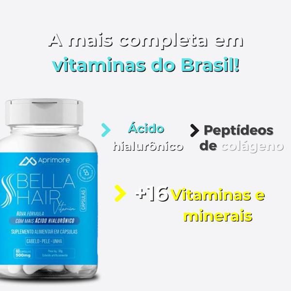 Imagem de 3 potes bella hair vitamin caps menos queda, mais cabelo ácido hialurônico + peptídeos de colágeno + 3 máscara capilar 