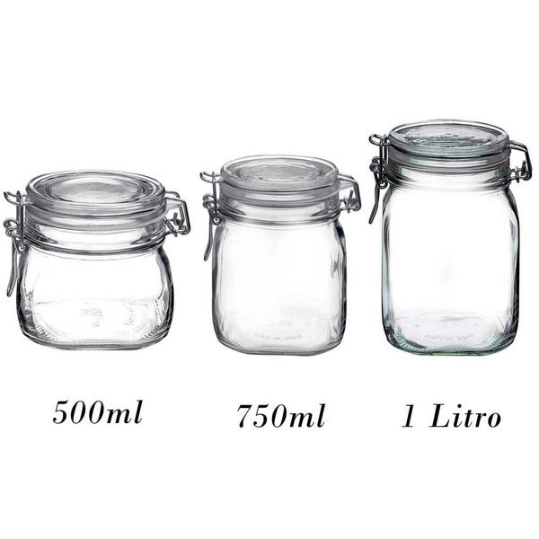 Imagem de 3 Potes de vidro hermético Fido Rocco Bormioli - 1 500ml + 1 750ml + 1 1000ml (1 Litro) armazenamento de mantimentos