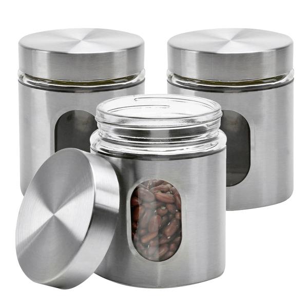 Imagem de 3 Potes de Vidro Redondo Mantimentos Inox com Janela 635ml