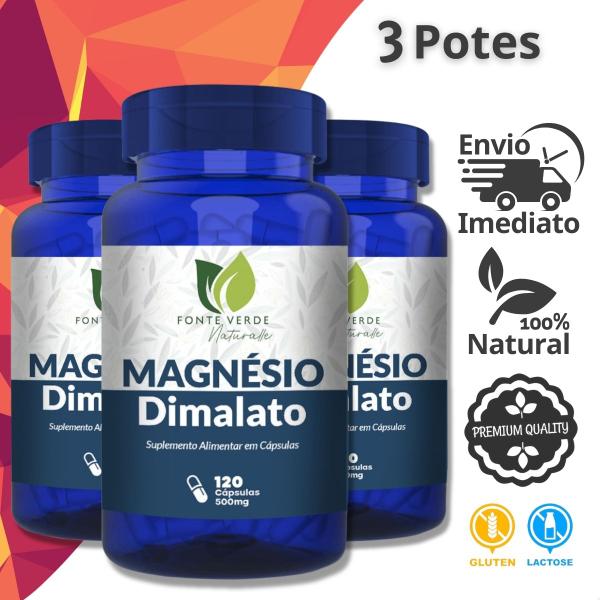 3 Potes Magnésio Dimalato Kit 360 Cáps - Fonte Verde Imagem de 3 Potes Magnésio Dimalato Kit 360 Cáps - Fonte Verde