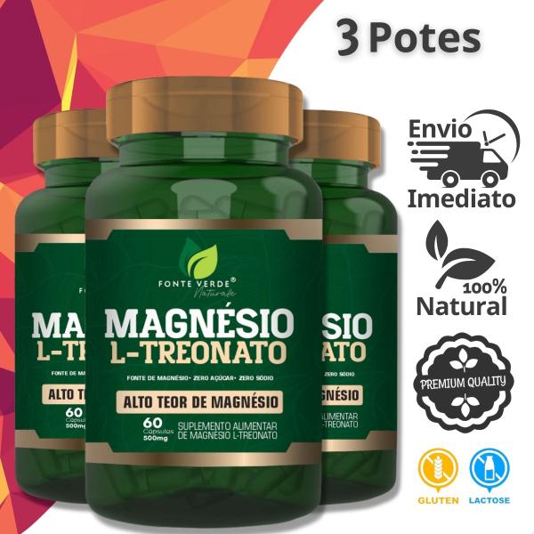 Imagem de 3 Potes Magnésio L-Treonato Kit 180 Cáps Fonte Verde - Matéria Prima Importada