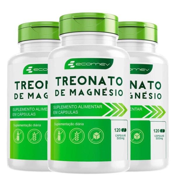 Imagem de 3 Potes Magnesio Treonato 500Mg Formula Pura Importada 360Cáps Ecomev