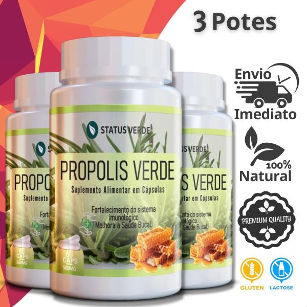 Imagem de 3 Potes Própolis Verde Puro Kit 180 Cáps - Status Verde