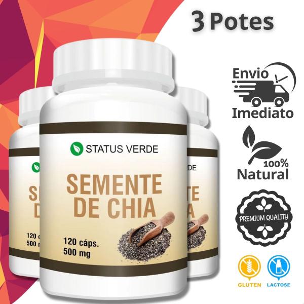 3 Potes Semente de Chia Kit 360 Cáps - Status Verde Imagem de 3 Potes Semente de Chia Kit 360 Cáps - Status Verde