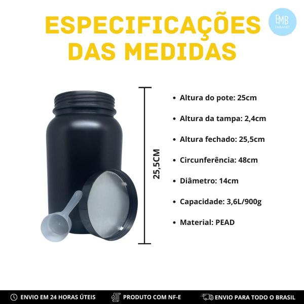 Imagem de 3 Potes Vazio Preto Com Selo de Inducao Para Whey - 900g