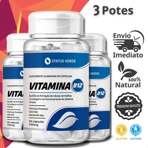 Imagem de 3 Potes Vitamina B12 Concentrada Kit 180 Cáps - Status Verde