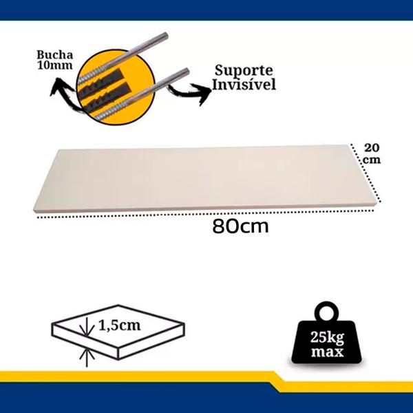 Imagem de 3 Prateleiras MDF 80x20 Com Suporte Invisível para parede na cor branca