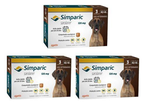 Imagem de 3 Simparic 120 Mg Antipulgas 40 A 60kg  cão cãe cachorro 9cp