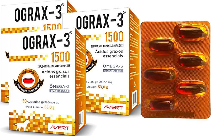 Imagem de 3 Suplemento Alimentar Omega 3 Ograx-3 1500 Cães 90 Capsulas Avert