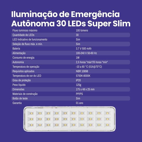 Imagem de 3 Unid Luminaria Emergencia 30 Led Super Slim Segurimax