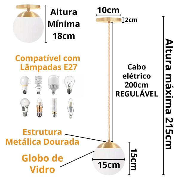 Imagem de 3 X Luminárias Lustre Pendente 215Cm Jabuticaba Globo Vidro