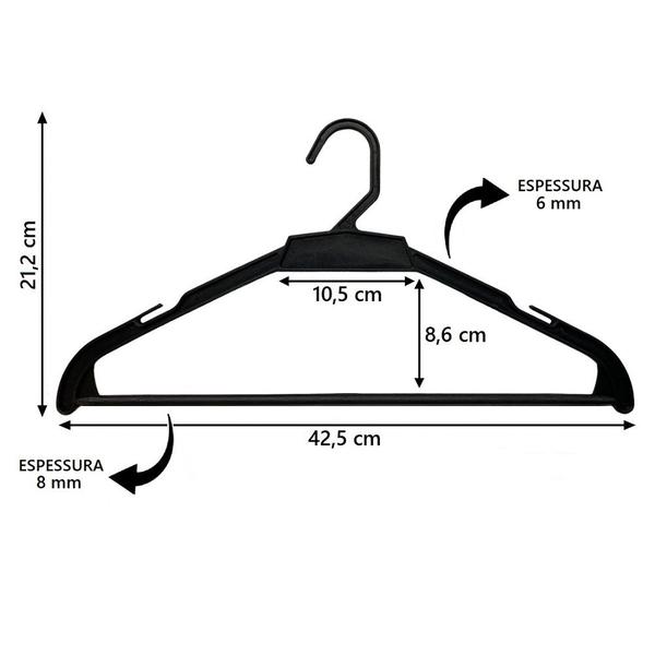 Imagem de 30 Cabides Para Roupas Calça Loja Adulto 42cm Polipropileno Preto Atacado Leve Resistente