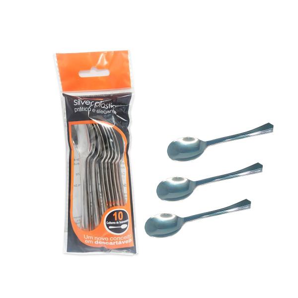 30 un Colher De sobremesa descartavel Linha Luxo prata - Silver Plastic Imagem de 30 un Colher De sobremesa descartavel Linha Luxo prata