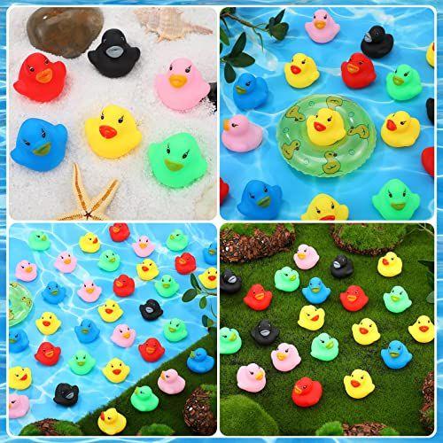 Imagem de 300 pcs patos de borracha brinquedo de banho, flutuador chiado mini patos amarelos, minúsculos patos de borracha de chuveiro, banheira brinquedo piscina brinquedo para suprimentos de festa chuveiro aniversário (Muti cores, 1,57 x 1,57 x 1,18 polegadas)