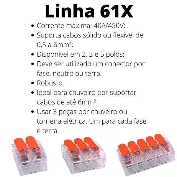 Imagem de 300un Conector Emenda Derivação Para Iluminação e Chuveiro 2 vias 6mm 40A/450V