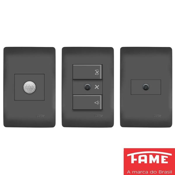 Imagem de 30un Interruptor Paralelo Three Way 10A e Tomada 2P+T 20A Com Placa Habitat Black FAME