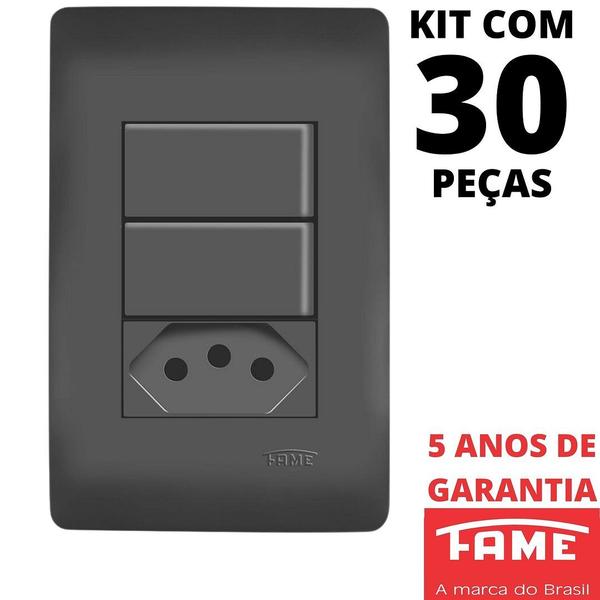 Imagem de 30un Interruptor Simples 2 Teclas 10A e Tomada Padrão 2P+T 10A Com Placa 4x2 Habitat Black FAME