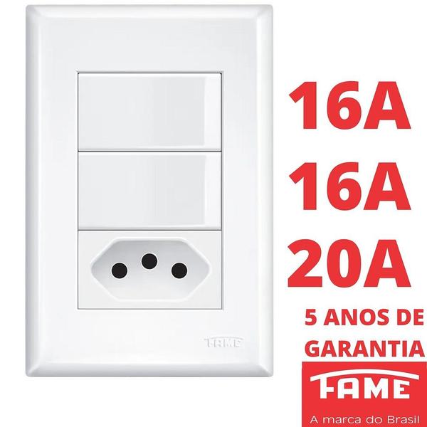 Imagem de 30un Interruptor Simples 2 Teclas 16A e Tomada Padrão 2P+T 20A Com Placa Evidence FAME