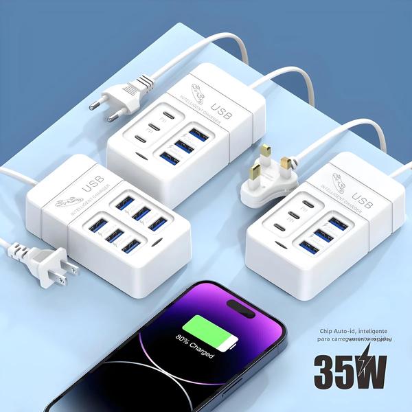 35W 6 USB PD Tipo C Adaptador De Carregador De Parede Super Rápido Para Telefones Celulares UE EUA - EOENKK Imagem de 35W 6 USB PD Tipo C Adaptador De Carregador De Parede Super Rápido Para Telefones Celulares UE EUA