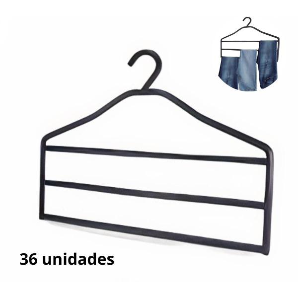 Imagem de 36 Cabides P/ Calça Jeans Calceiro Preto Triplo Bermuda Roupa