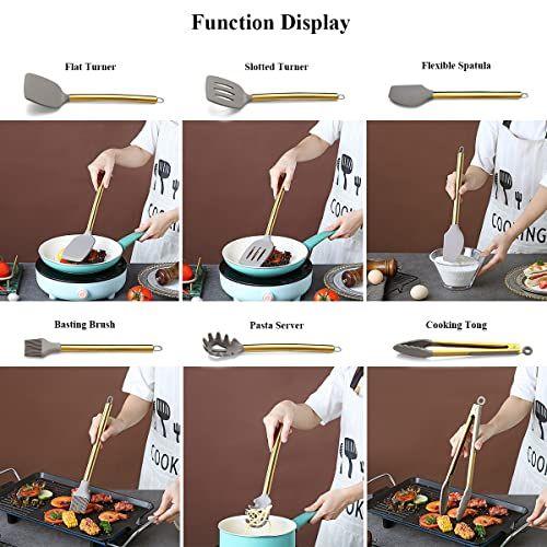 Imagem de 38 Peças de cozinha de silicone Cozinha Cozinha Utensílios Conjunto com Rack de Utensílio, Cabeça de Silicone e Panela de Aço Inoxidável, Ferramentas de Cozinha para Conjuntos de Utensílios, Gadgets de cozinha antiaderente, cofre de lava-louças (o